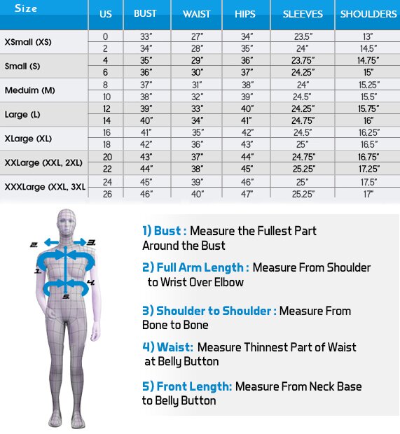 Women Size Chart - Measurements in inches